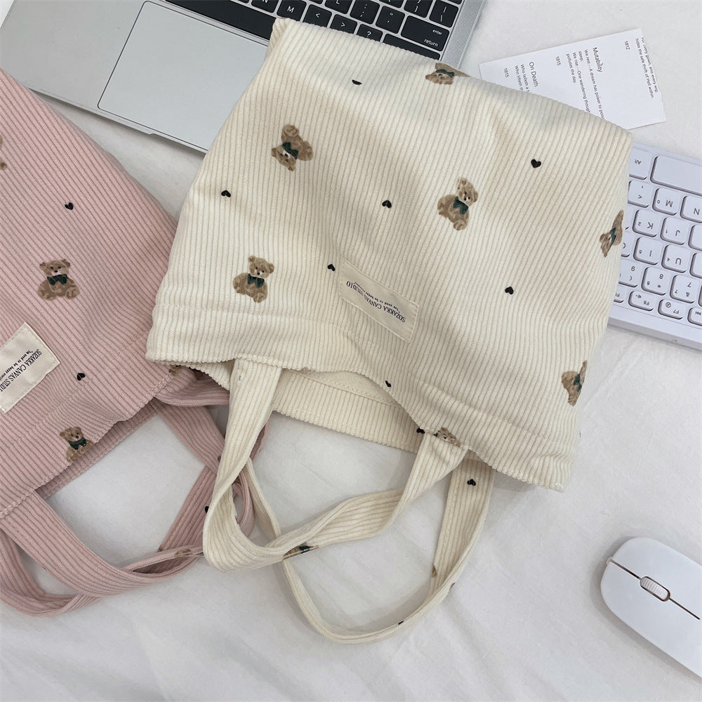 Handmade Corduroy Bear Handbag for Women, Small Size, Casual Carry-All Bag