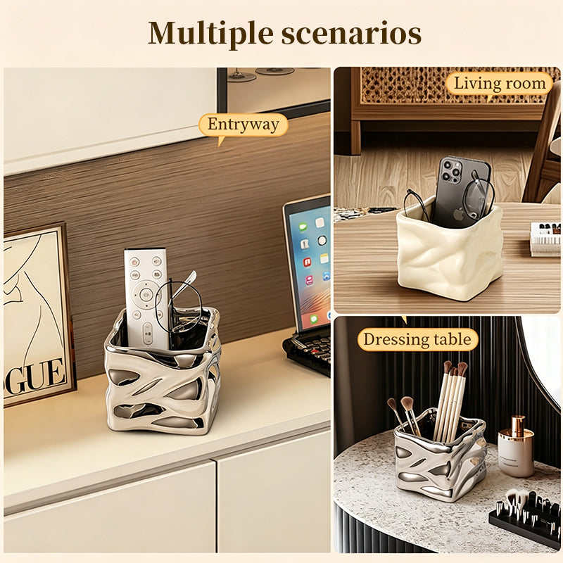 Ceramic Wavy Makeup Brush Holder - Dual-Use Minimalist Storage Jar for Vanity & Office Desk Organizer
