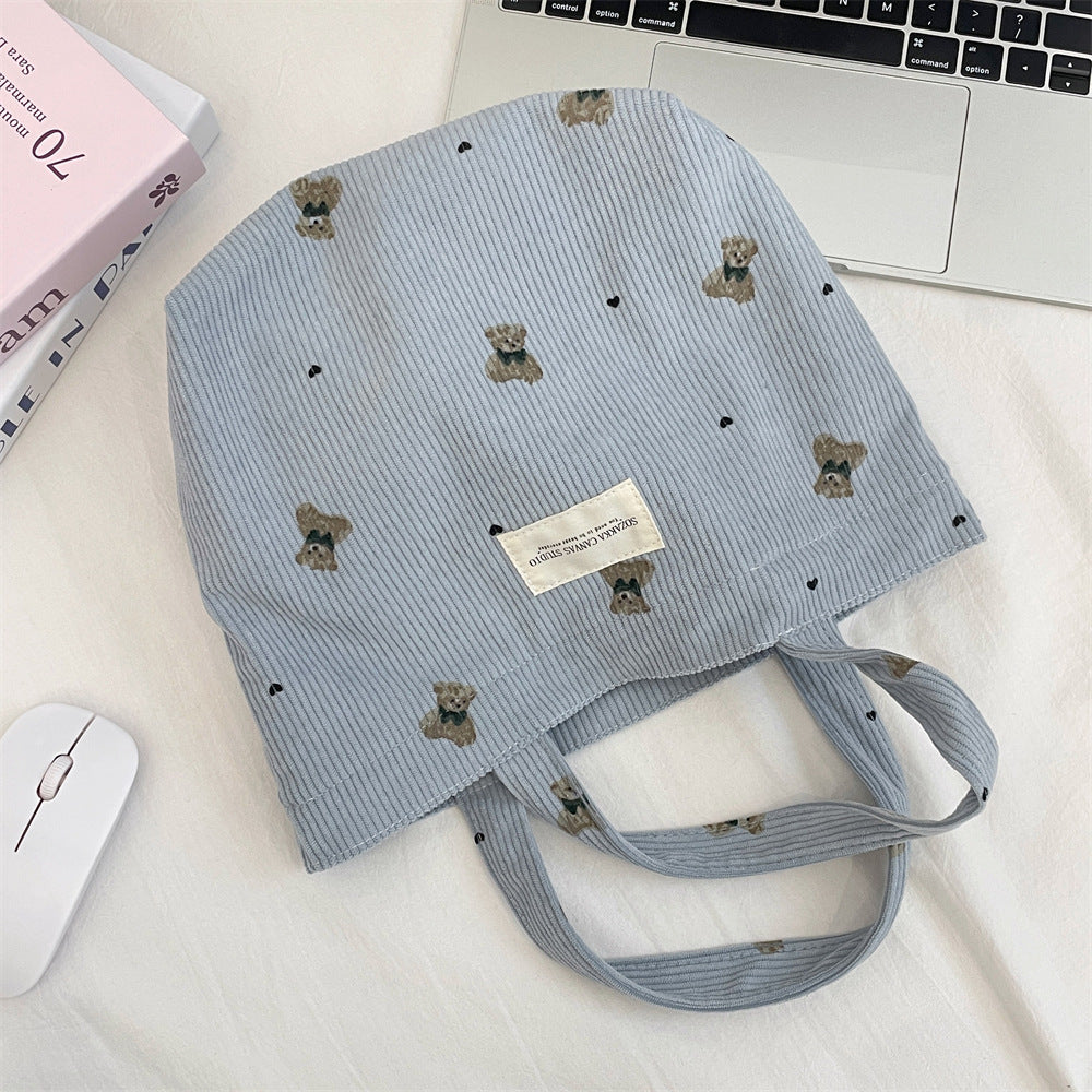 Handmade Corduroy Bear Handbag for Women, Small Size, Casual Carry-All Bag