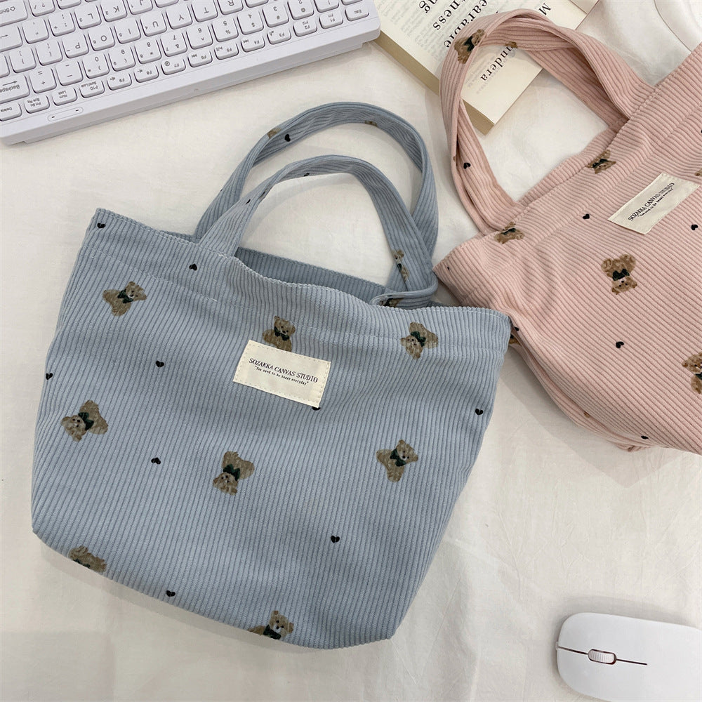 Handmade Corduroy Bear Handbag for Women, Small Size, Casual Carry-All Bag