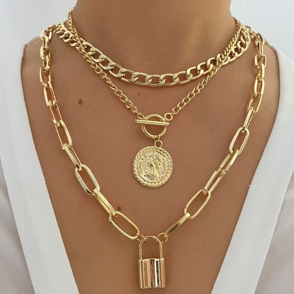 Layered Portrait Pendant Necklace – Alloy Multi-Layer Statement Necklace for Women