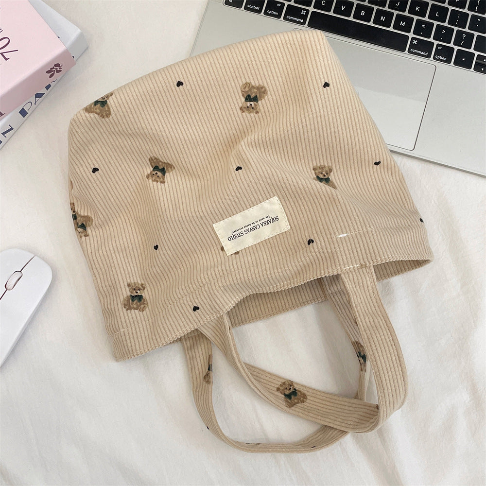 Handmade Corduroy Bear Handbag for Women, Small Size, Casual Carry-All Bag