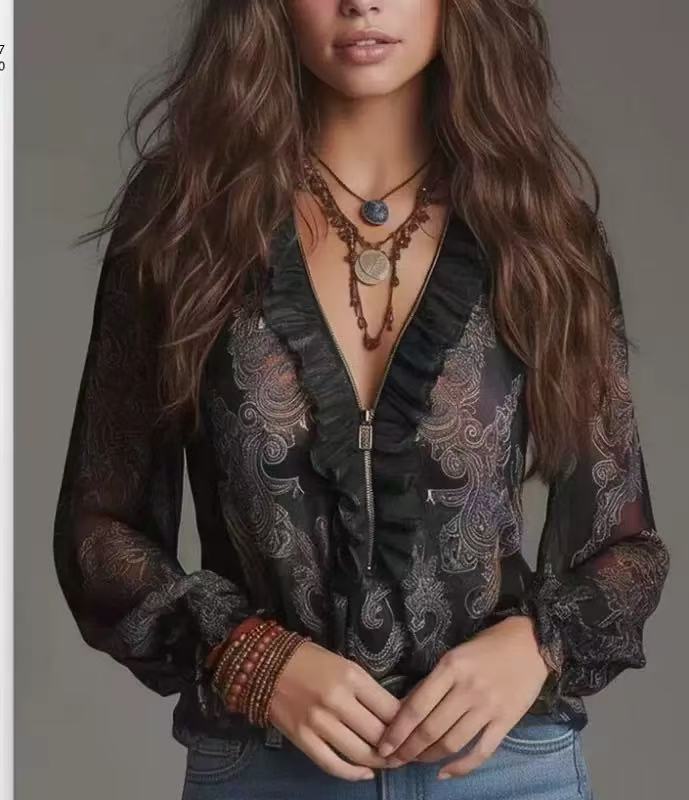 Romantic Boho Deep V-Neck Paisley Ruffle Chiffon Shirt