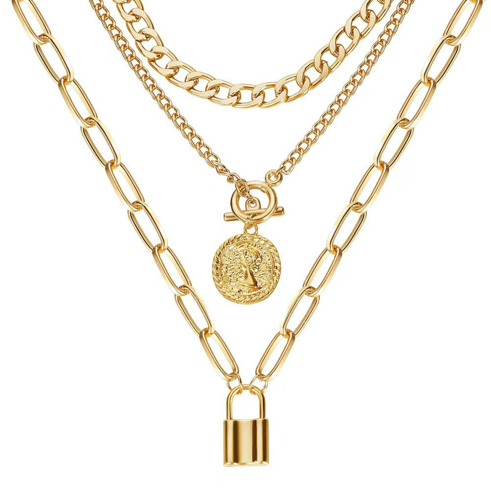Layered Portrait Pendant Necklace – Alloy Multi-Layer Statement Necklace for Women