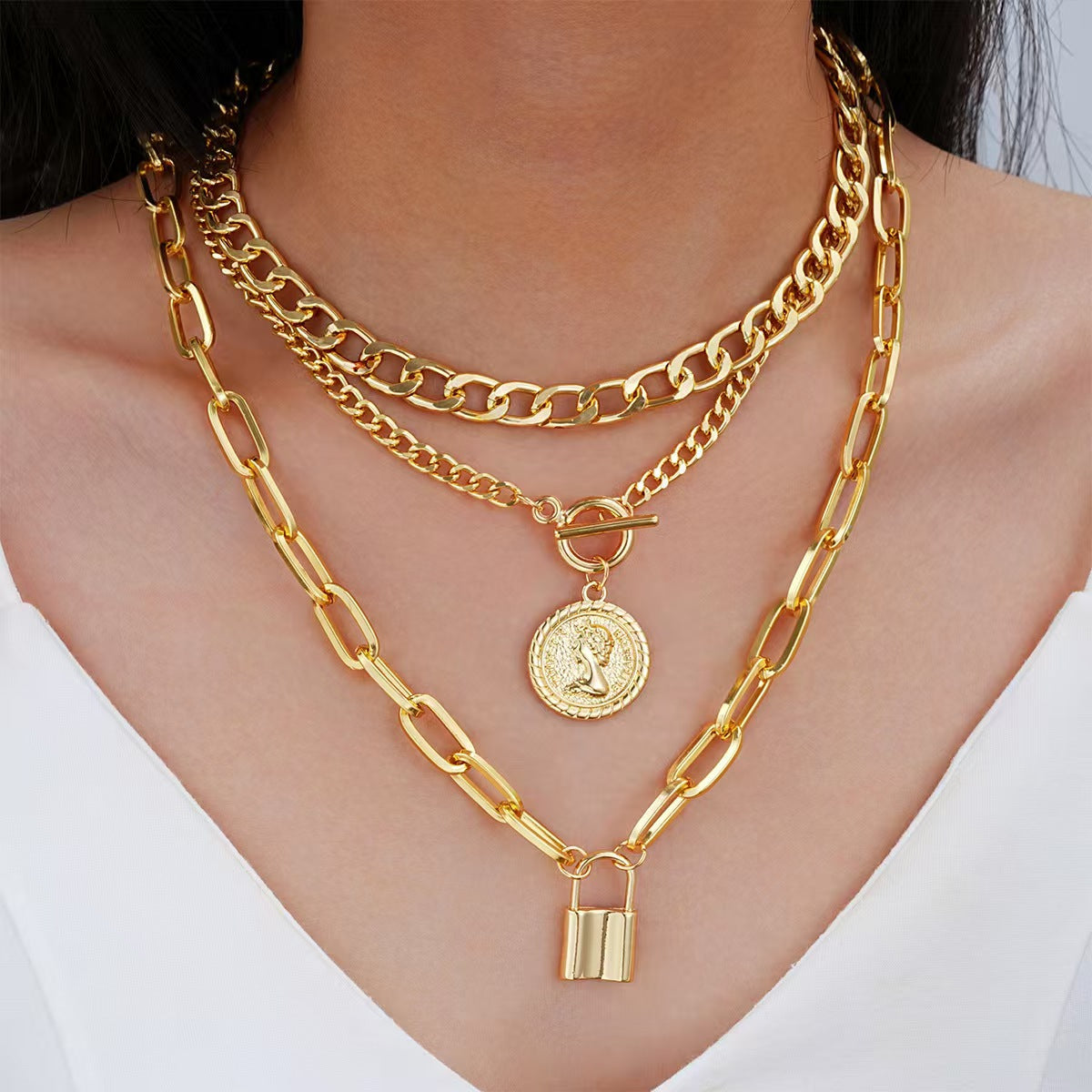 Layered Portrait Pendant Necklace – Alloy Multi-Layer Statement Necklace for Women