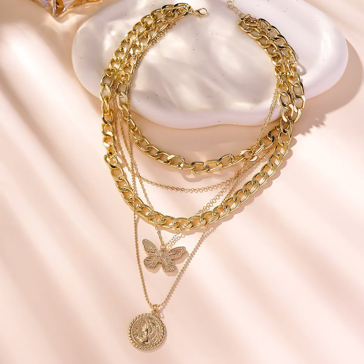 Layered Portrait Pendant Necklace – Alloy Multi-Layer Statement Necklace for Women