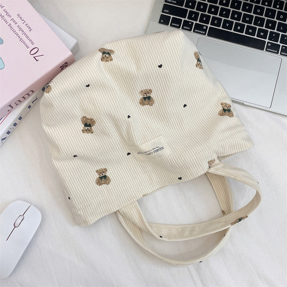 Handmade Corduroy Bear Handbag for Women, Small Size, Casual Carry-All Bag