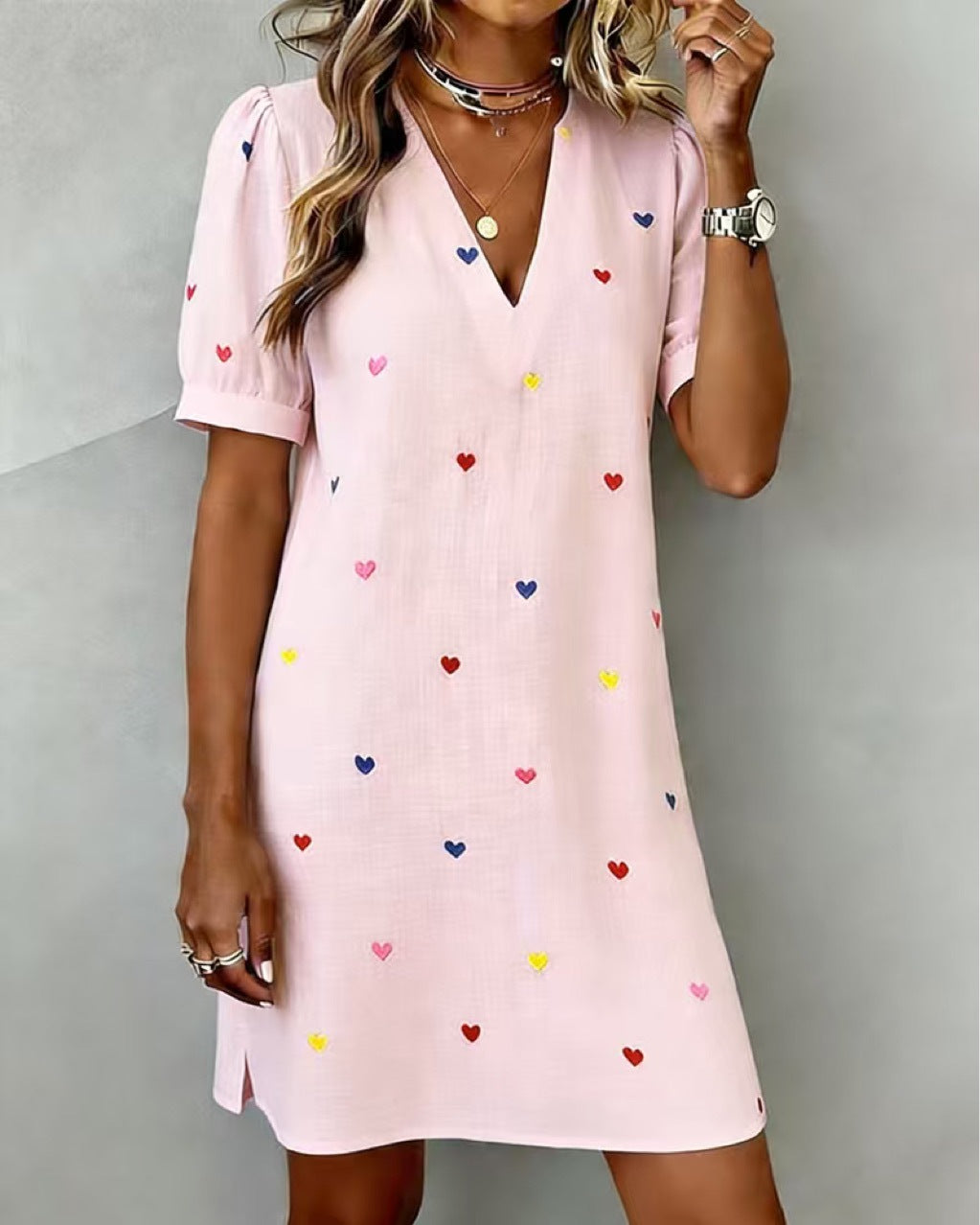 Women's V-Neck Linen-Cotton Love Heart Print Dress