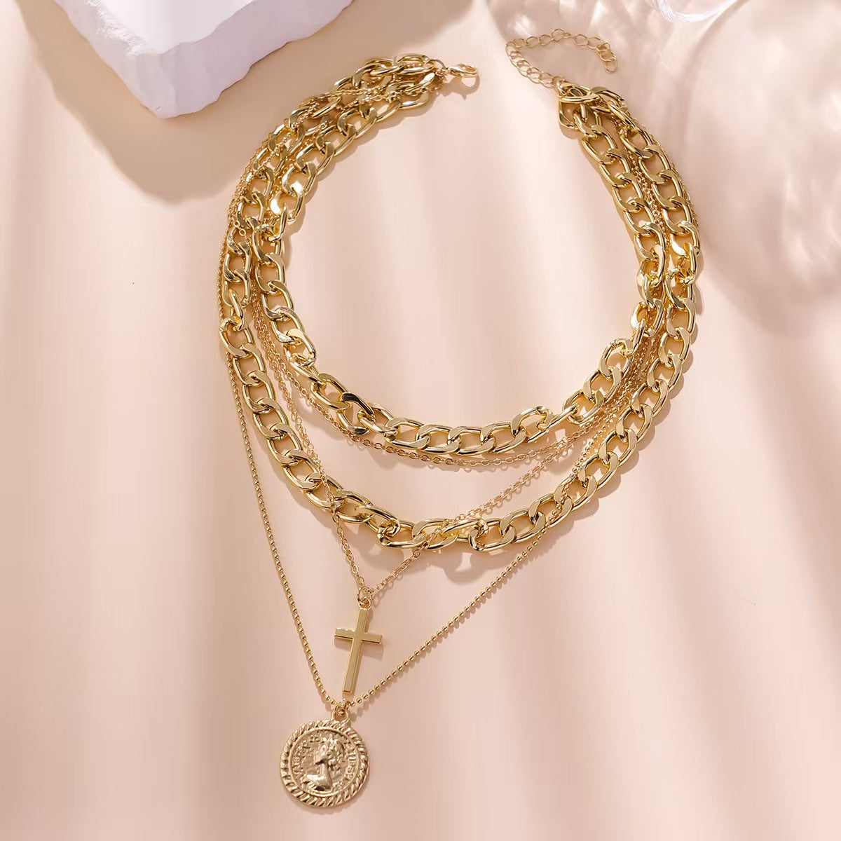 Layered Portrait Pendant Necklace – Alloy Multi-Layer Statement Necklace for Women