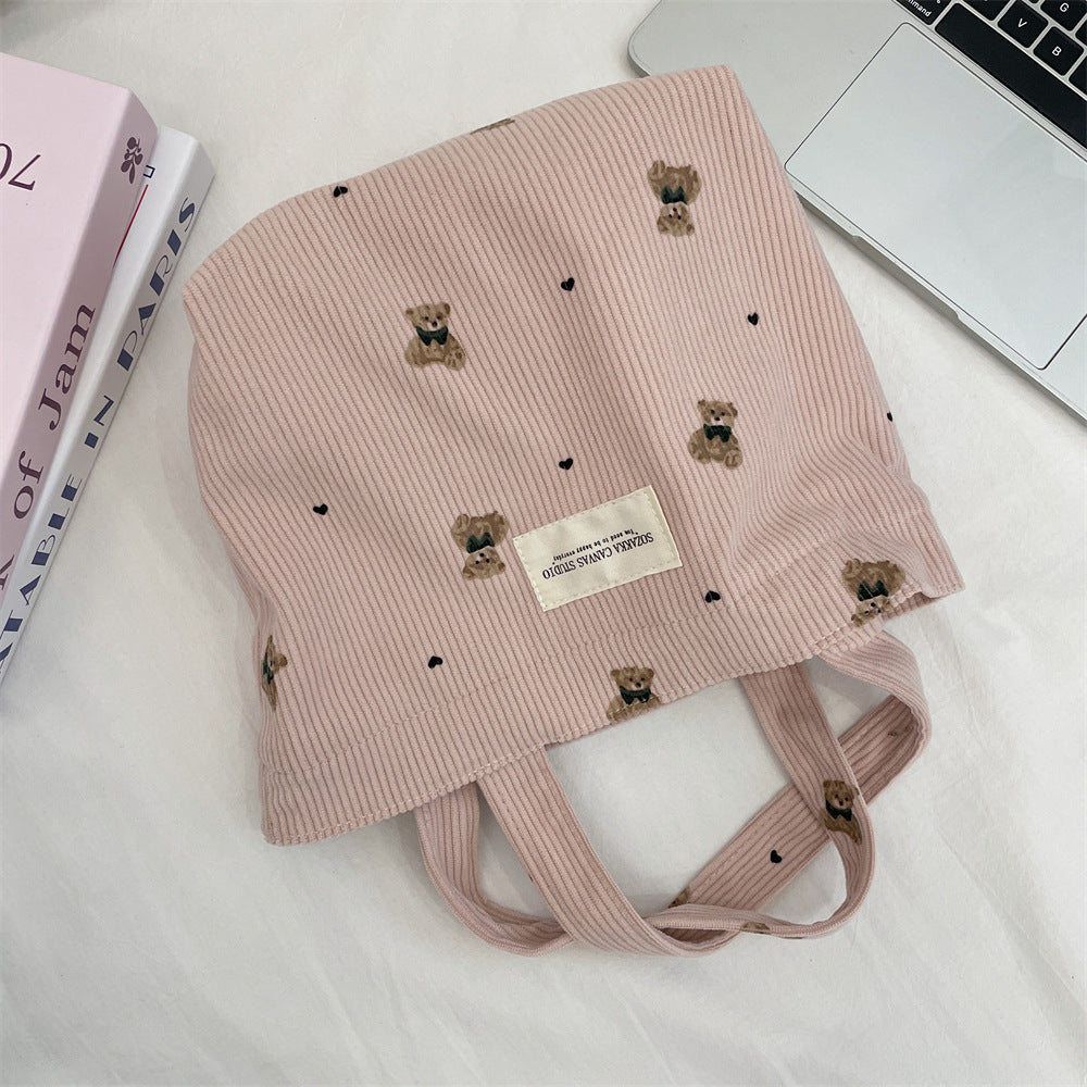Handmade Corduroy Bear Handbag for Women, Small Size, Casual Carry-All Bag