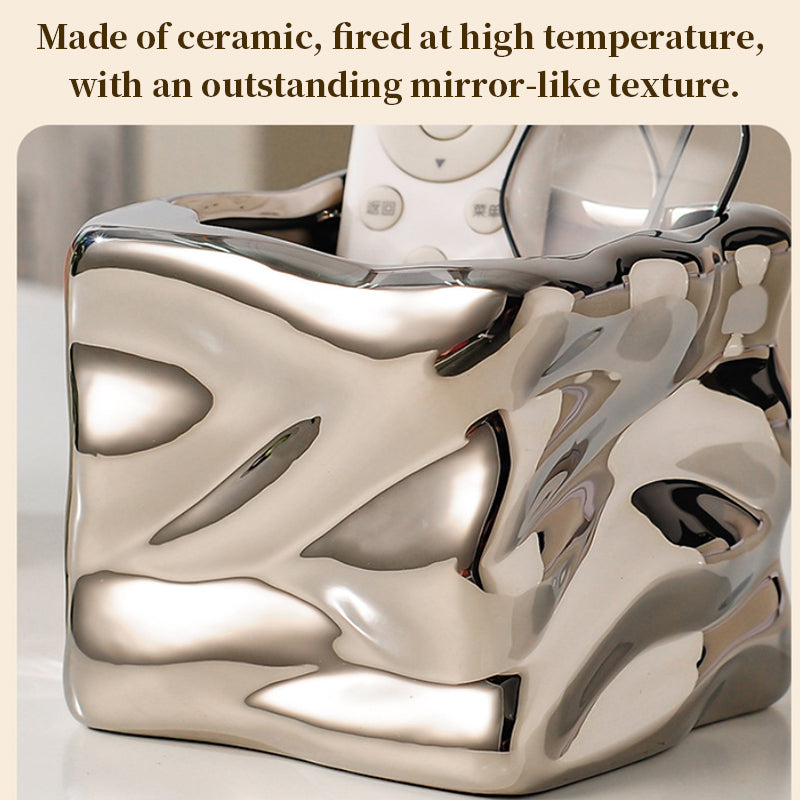 Ceramic Wavy Makeup Brush Holder - Dual-Use Minimalist Storage Jar for Vanity & Office Desk Organizer