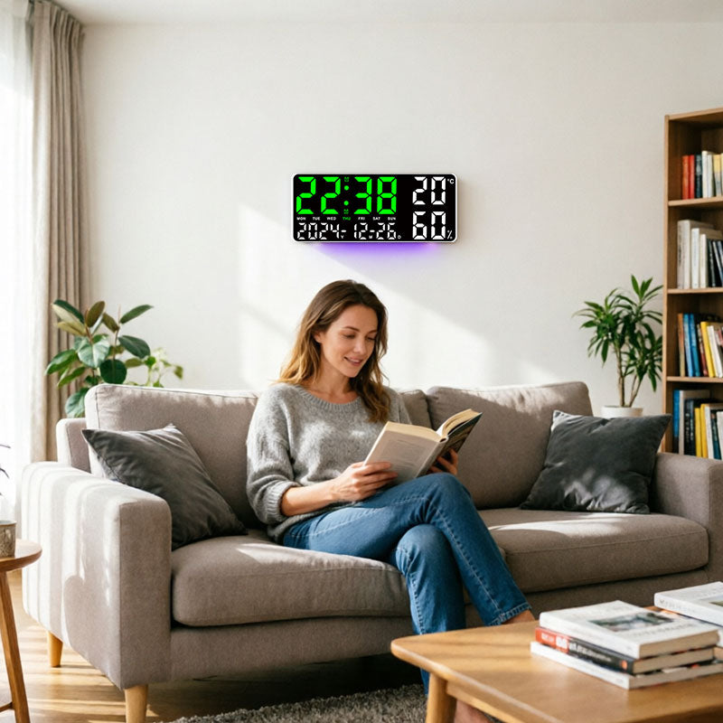 Digital Wall Clock with Temperature & Humidity Display, Multifunctional LED Alarm Clock with Remote Control, Ambient Light.