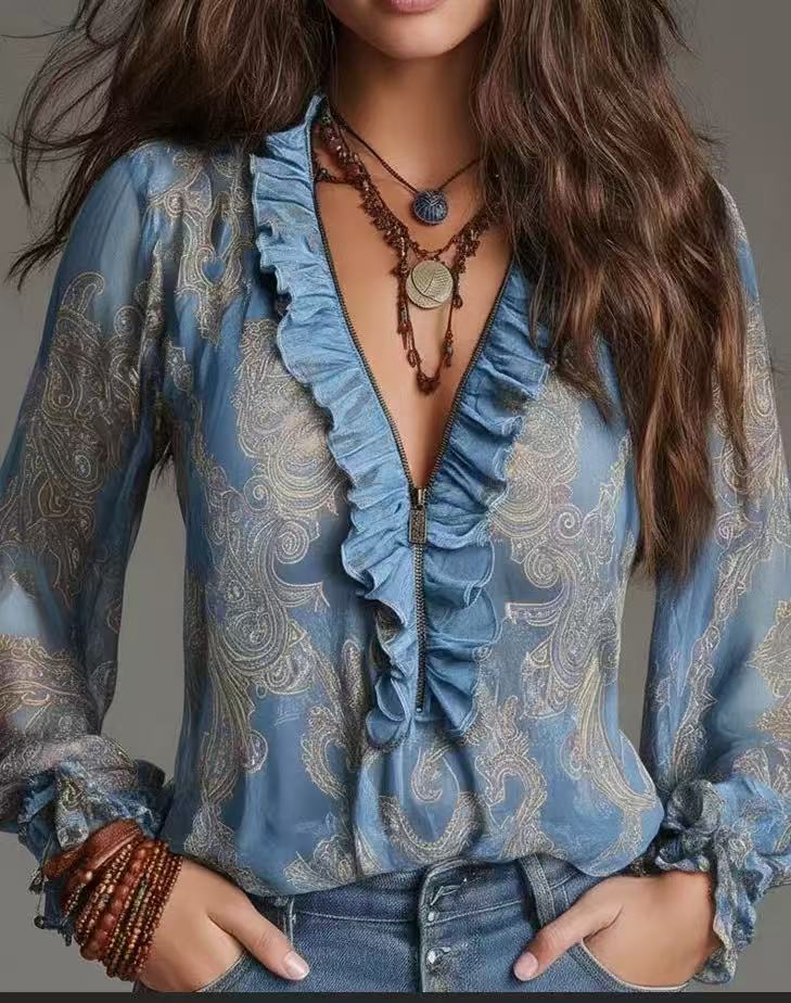 Romantic Boho Deep V-Neck Paisley Ruffle Chiffon Shirt