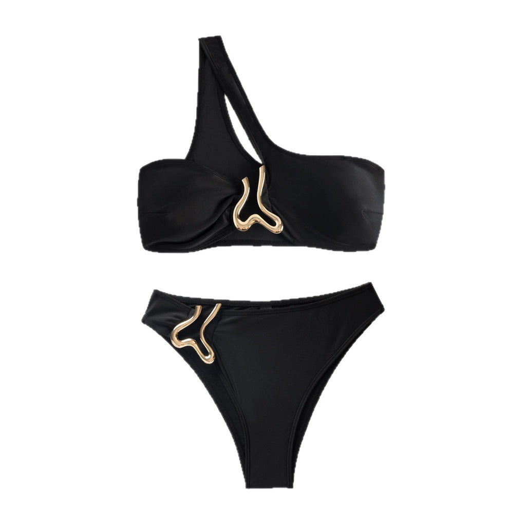 Single shoulder metal jewelry swimsuit