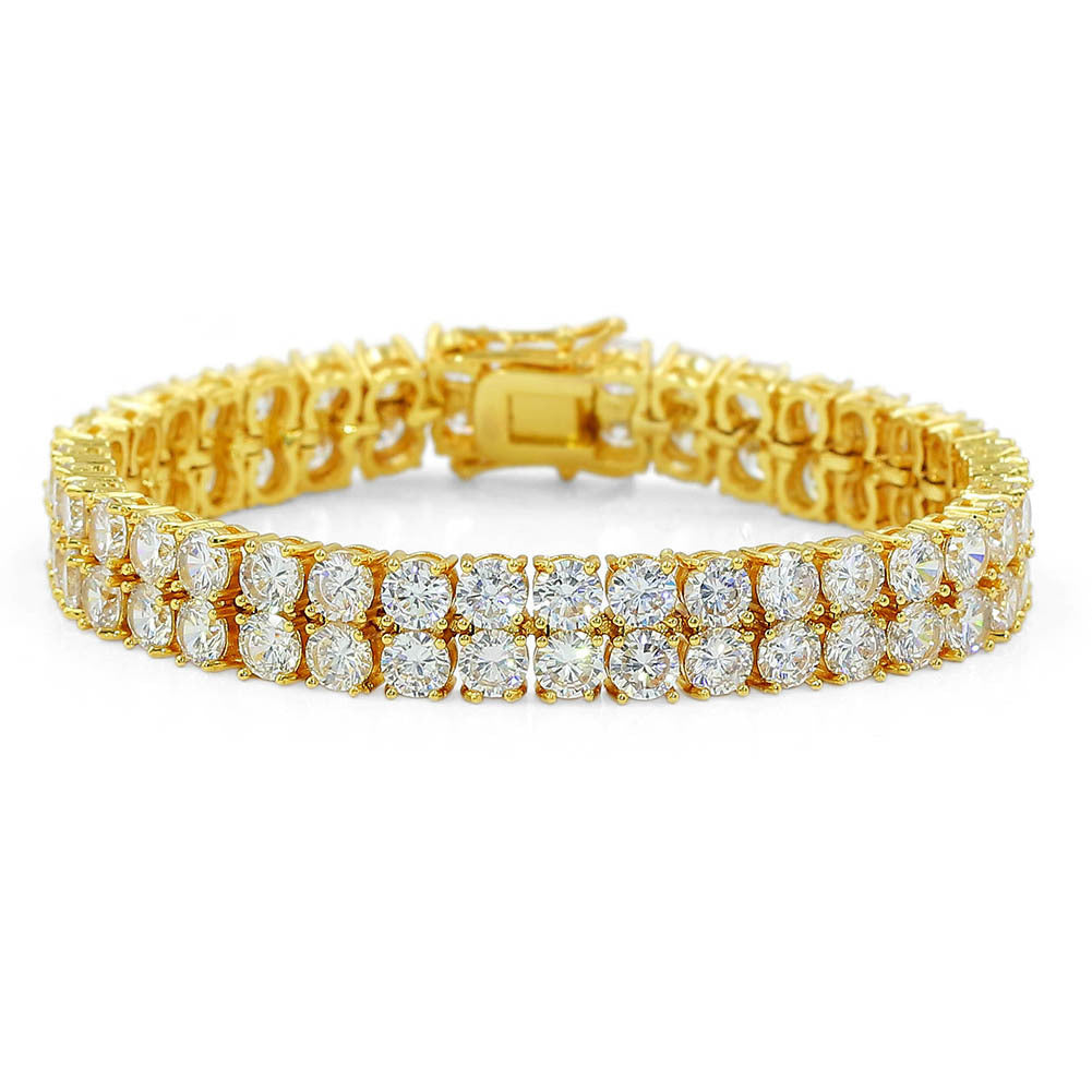Double Row 10mm Copper Zircon Hip Hop Bracelet – Micro-Paved Tennis Chain for Men