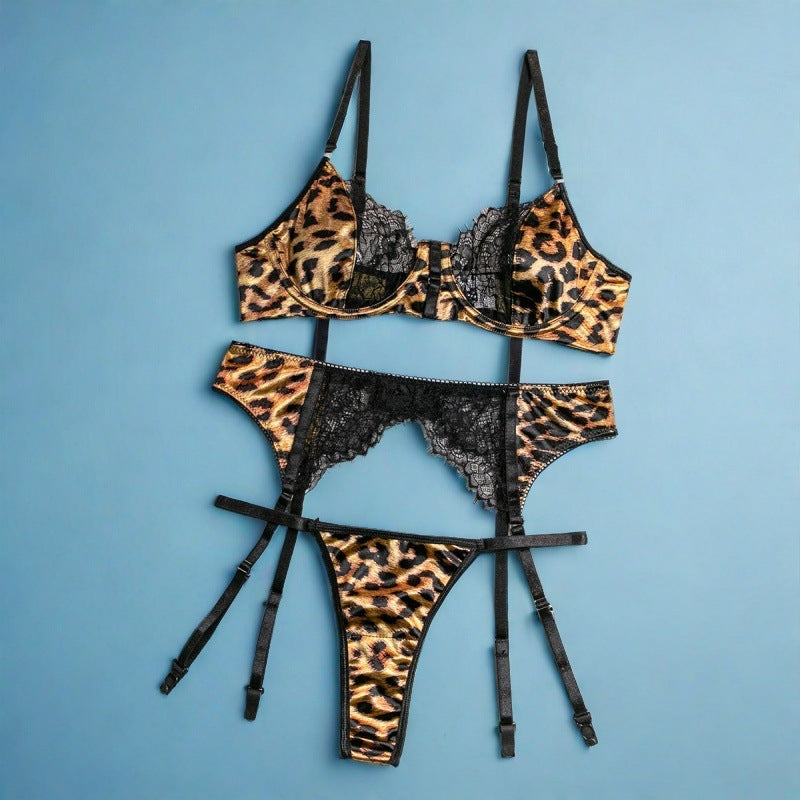 Wild Leopard Print Belted Jumpsuit with Steel Boning Lace Three-Piece Set