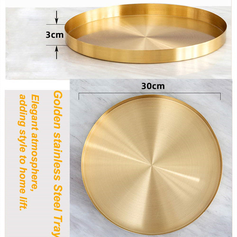 Nordic Ins Style Light Luxury Storage Disc Golden Stainless Steel Round Straight Edge Tray Cosmetic Jewelry Tea Plate