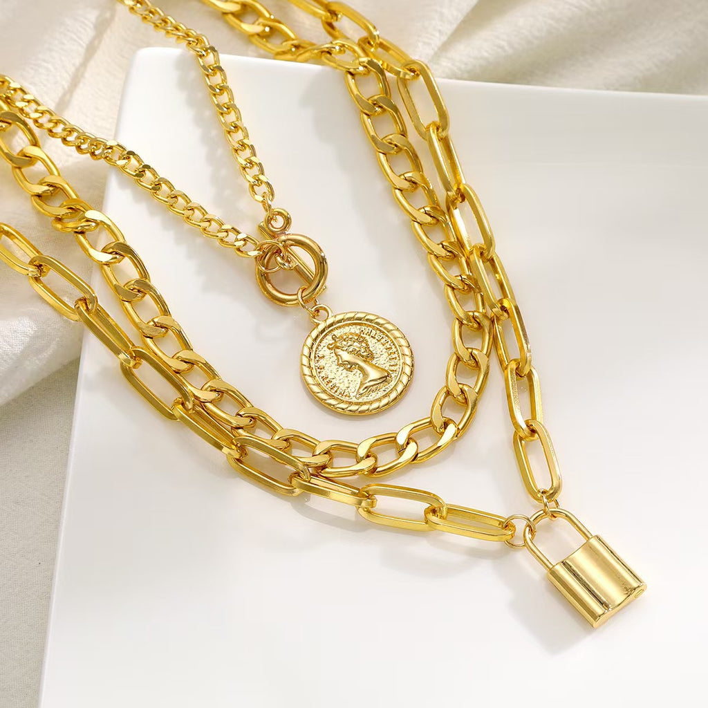Layered Portrait Pendant Necklace – Alloy Multi-Layer Statement Necklace for Women