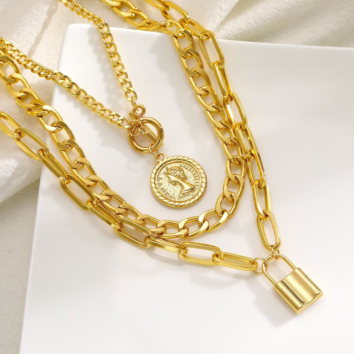 Layered Portrait Pendant Necklace – Alloy Multi-Layer Statement Necklace for Women