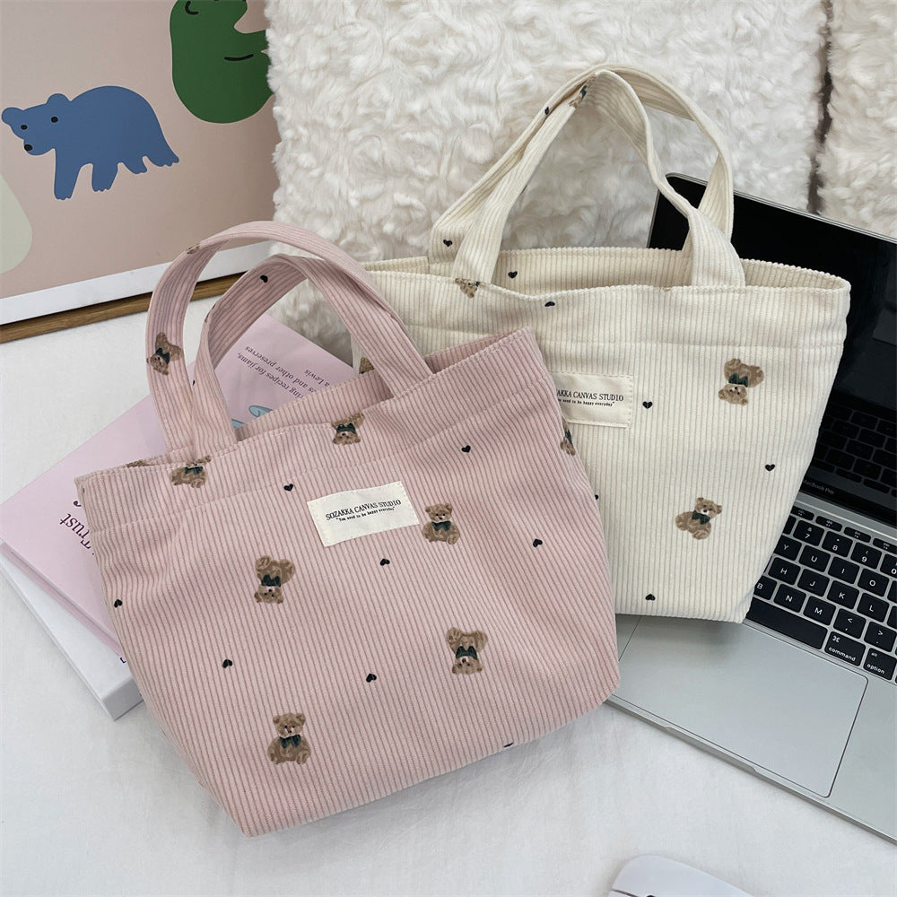 Handmade Corduroy Bear Handbag for Women, Small Size, Casual Carry-All Bag