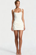 Square Neck Sleeveless High Waist Tie Belt Slim Fit Elegant 3D Pleated Bodycon Short Dress