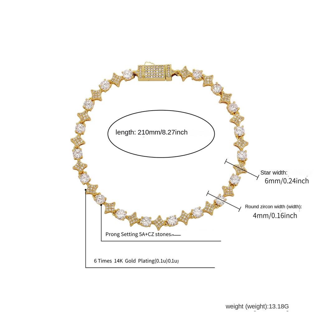 4MM Tennis Chain, 6MM Copper Zirconia Star Hip-hop Necklace, 8MM Starburst Bracelet Anklet, Factory