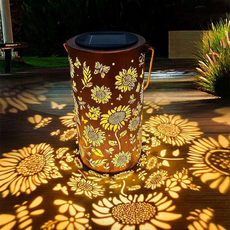 Solar Garden Lights with Colorful Sunflower Pattern, Waterproof Hollow Iron Design for Outdoor Patio Landscape Decoration