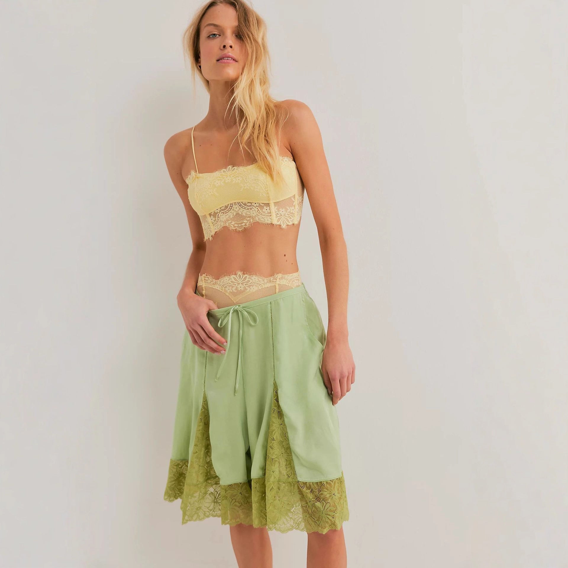 Women's Lightweight Satin Lace Sexy Trimmed Mid-Length Pants