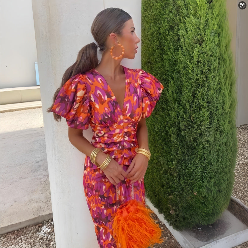 Printed Casual V-Neck Fitted Bodycon Slim Waist Bubble Sleeve Dress