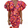 Printed Casual V-Neck Fitted Bodycon Slim Waist Bubble Sleeve Dress