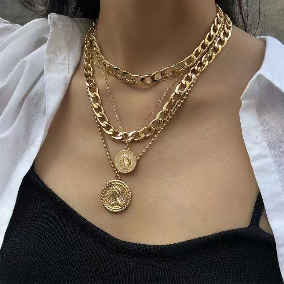 Layered Portrait Pendant Necklace – Alloy Multi-Layer Statement Necklace for Women