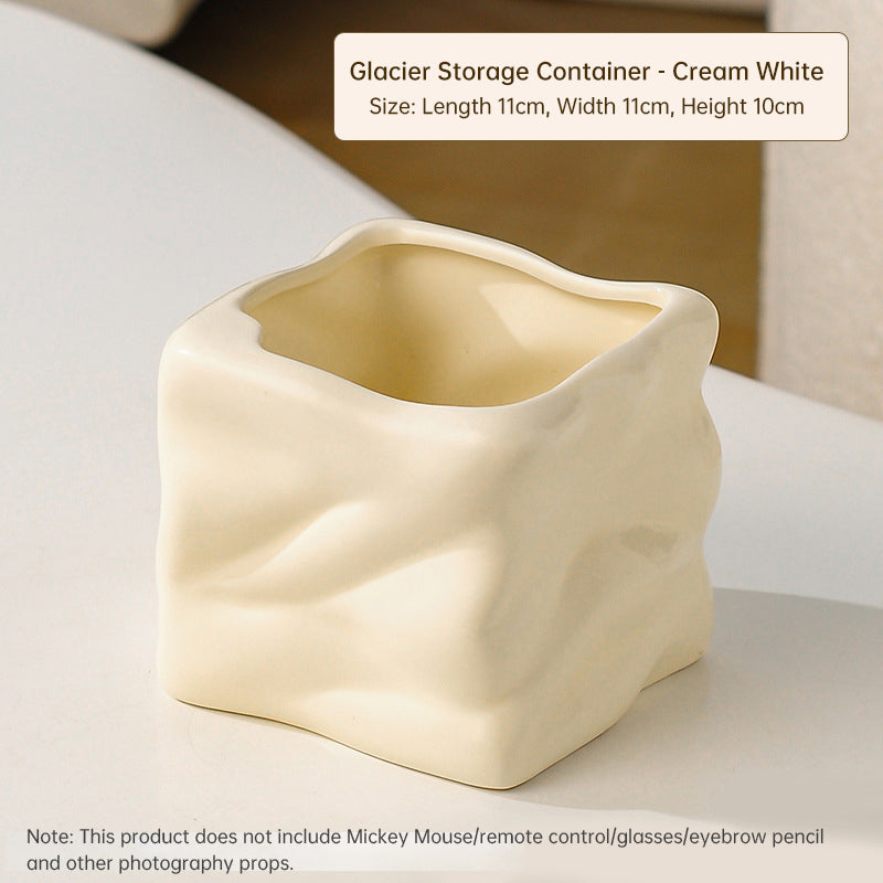 Ceramic Wavy Makeup Brush Holder - Dual-Use Minimalist Storage Jar for Vanity & Office Desk Organizer