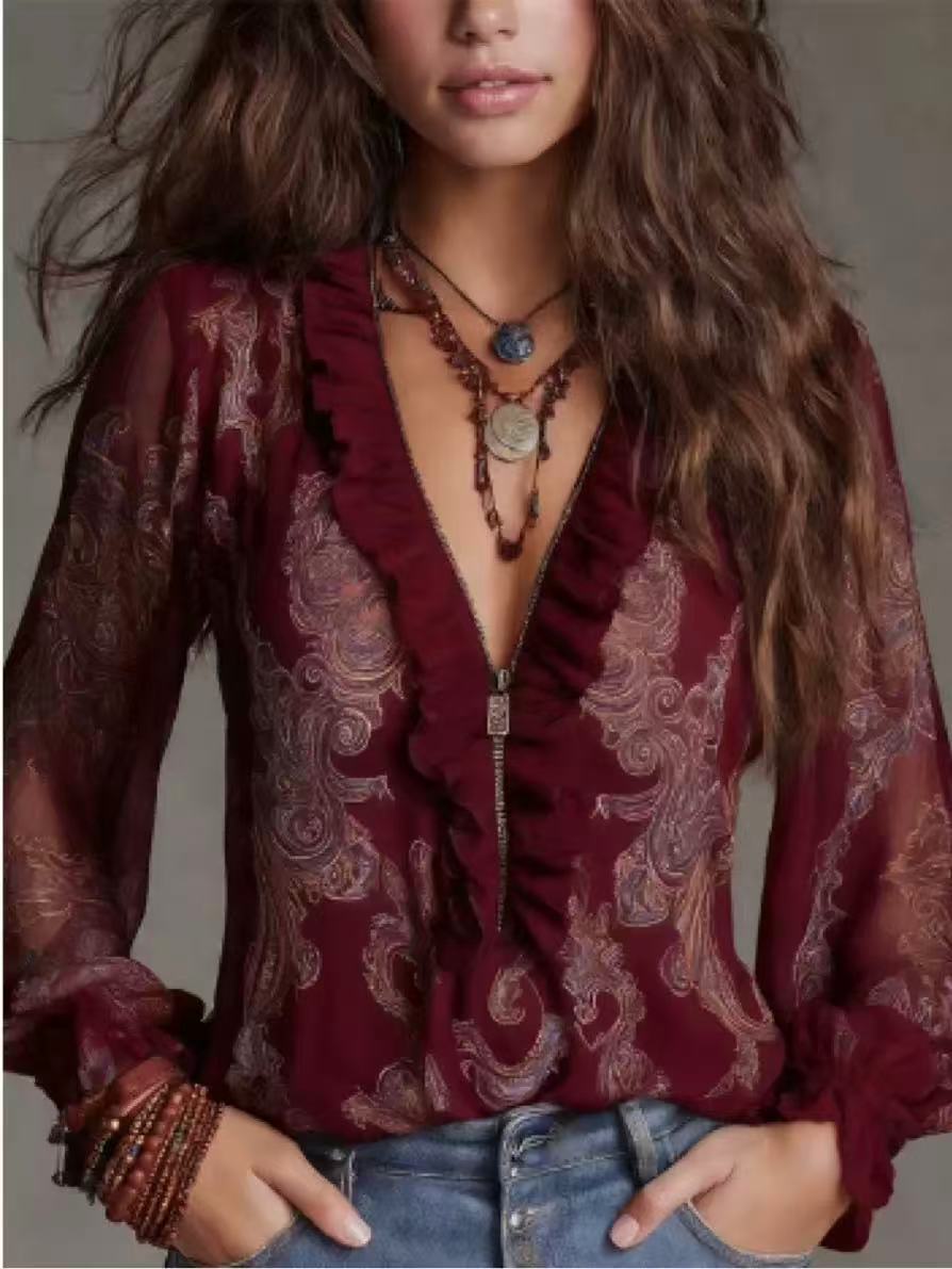 Romantic Boho Deep V-Neck Paisley Ruffle Chiffon Shirt