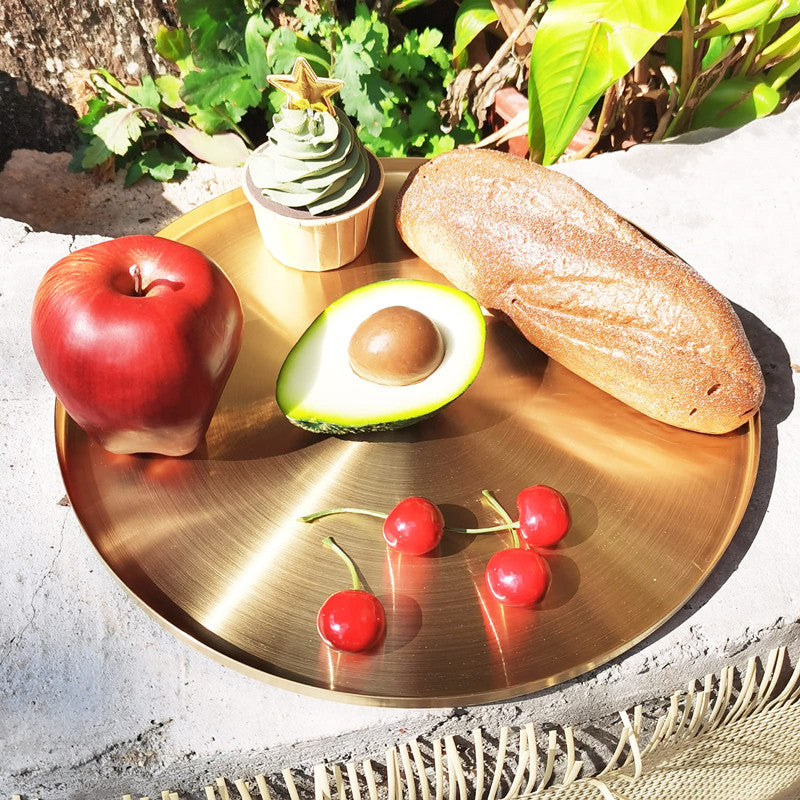 Nordic Ins Style Light Luxury Storage Disc Golden Stainless Steel Round Straight Edge Tray Cosmetic Jewelry Tea Plate