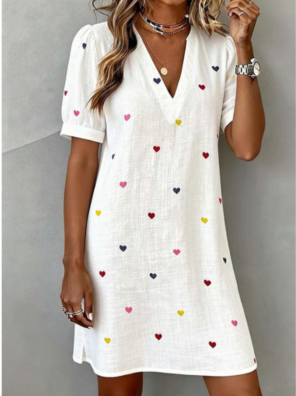 Women's V-Neck Linen-Cotton Love Heart Print Dress